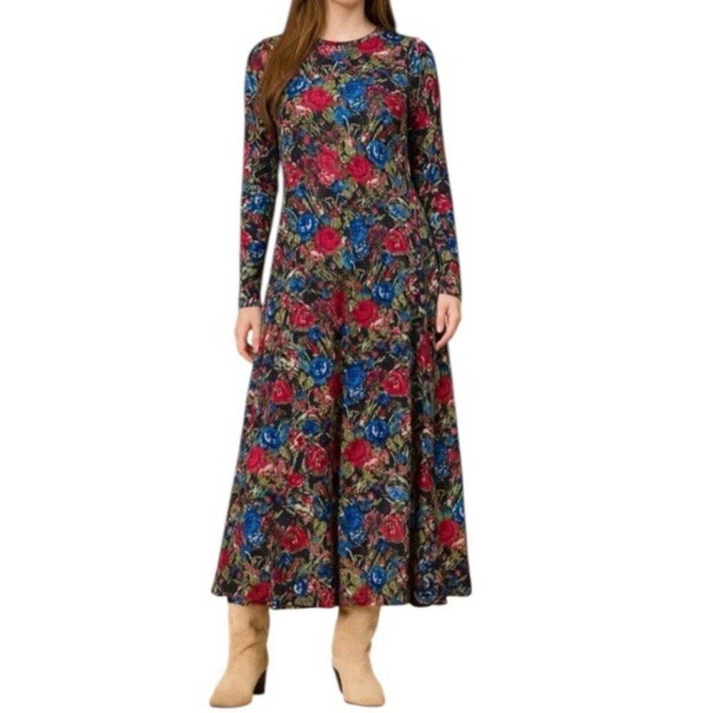 NWT OLIVIA by Livro Phoebe Jersey Knit Midi Dress Black Pink Blue Floral Size M
